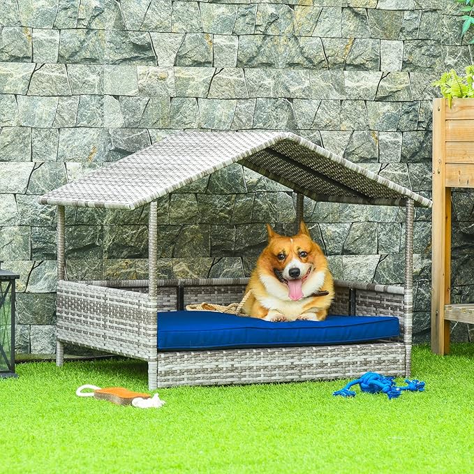 PawHut Wicker Dog House Outdoor with Canopy, Rattan Dog Bed with Water-Resistant Cushion, Raised Dog Bed for Small, Medium Dogs up to 66 lbs, 19.75" in Length, Gradient Gray Wicker, Dark Blue Cushion