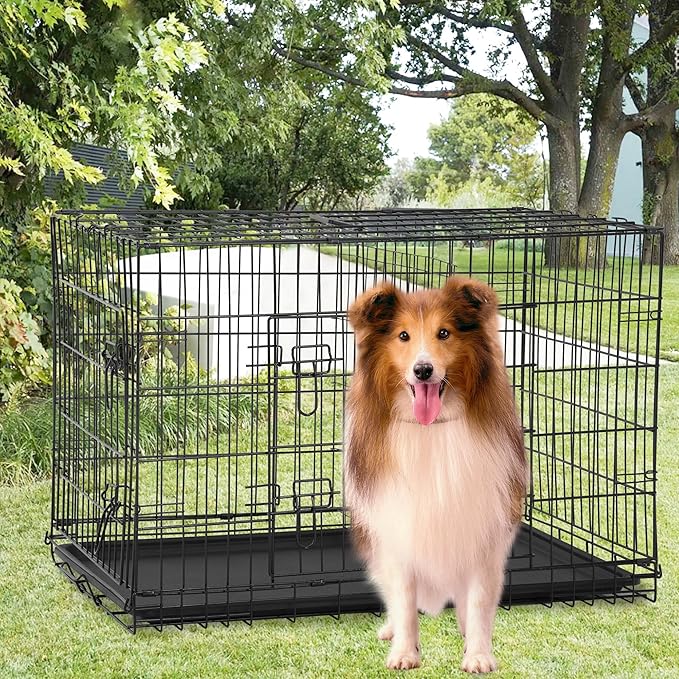 FDW Extra Large Dog Crate Dog Kennel Cage with Double Door,48 inch Folding Metal Wire Dog Cage with Removable Tray&Divider Panel,Pet Crate for Large Dogs,Black