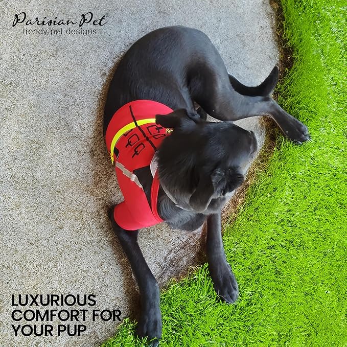 Parisian Pet Embroidered Firefighter Dog Costume - 100% Cotton & Polyester, Sleeved, Medium Dog Size, Red, Lightweight