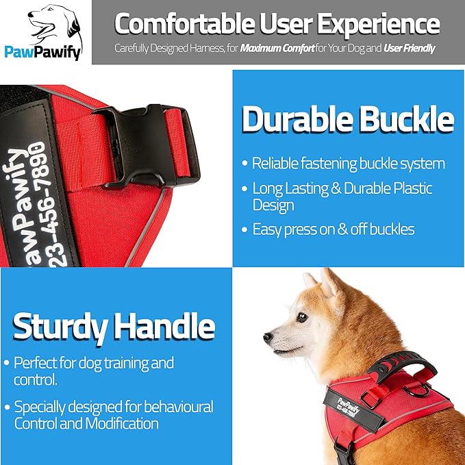 PawPawify Custom No Pull Dog Harness with Name and Phone Number, Heavy Duty Personalized Pet Vest to Prevent Tugging, Pulling, or Choking, Training and Walking (New Red, M (20-40 LBS))