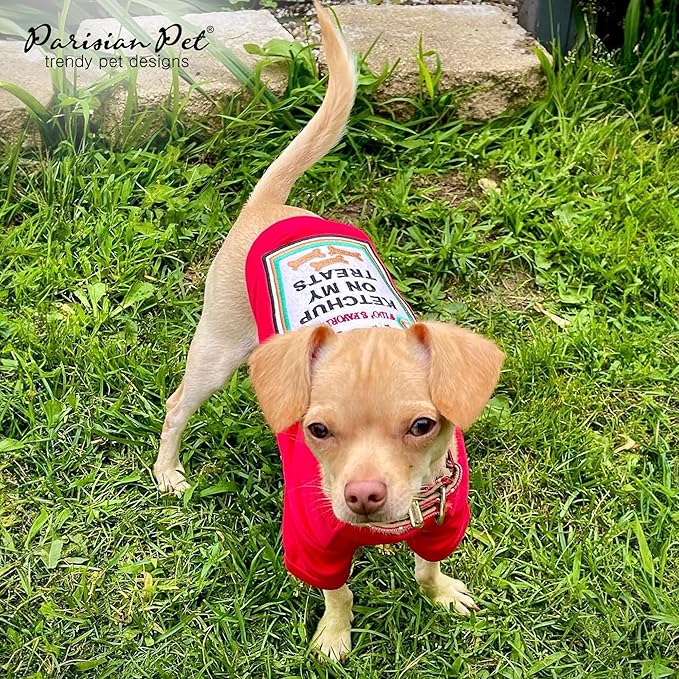 Parisian Pet Dog Shirt - Embroidered “I Put Ketchup on My Treats“ - 100% Cotton and Polyester Dog Clothes - Sleeved, Lightweight Costume for Dogs - Red Dog Shirts for Large Dogs - Pet Costumes 2XL