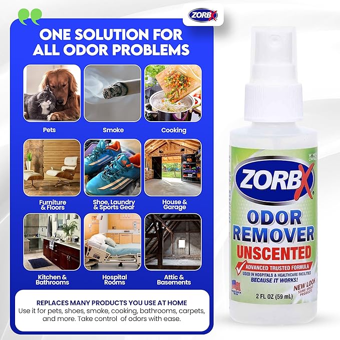 ZORBX Unscented Odor Eliminator for Strong Odor 2 Fl Oz, Pack of 2 - Used in Hospitals & Healthcare Facilities - Advanced Formula, Fast-Acting Odor Remover Spray for Dog, Cat, House & Carpet