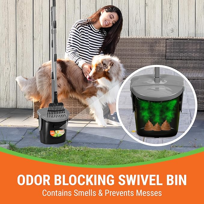 Dog Pooper Scooper with Bag Attachment, 40" Long Handle Pooper Scooper for Large Dogs, Dog Poop Scoop for Yard, Large Capacity Swivel Bin and Rake, Lavender Scented Bags (Grey)