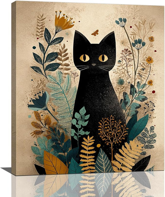Boho Black Cat Wall Art Kitten Botanical Wall Decor Mid Century Modern Canvas Painting Print Minimalist Pictures Artwork Framed Decorations Gifts for Cat Lover Bathroom Nursery Living Room Bedroom Kitchen 24"x20"