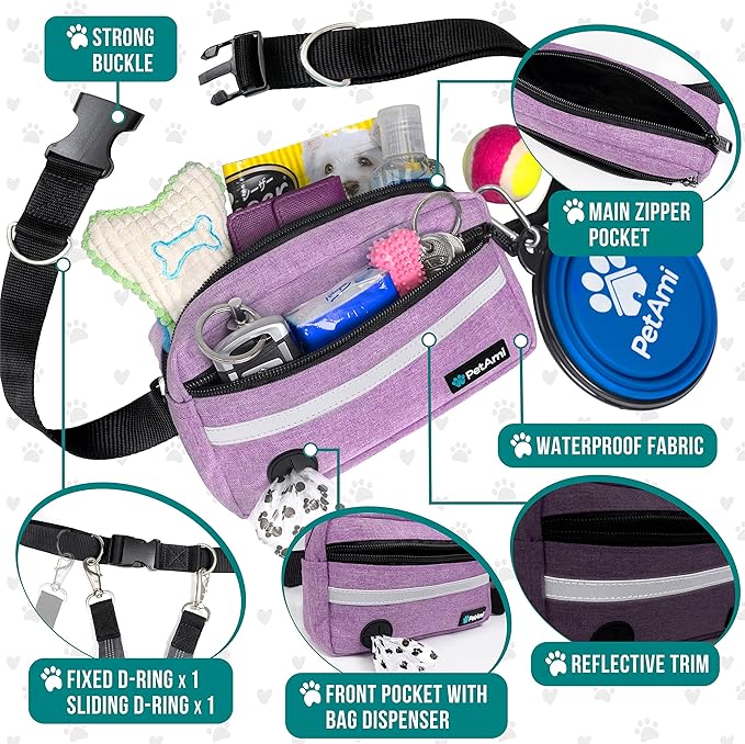 PetAmi Hands Free Dog Leash, Dog Running Leash Belt for Walking Jogging, Dog Waist Zipper Pouch Fanny Pack with Poop Bag Dispenser, Dual Padded Handle Bungee Leash for Small Medium Large Dogs, Double