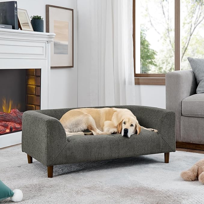 Dog Sofa Couch for Medium to Large Dogs, Memory Foam Dog Sofa Bed, Modern Elevated Pet Couch Bed with Wooden Legs for Medium and Large Dogs, Dark Grey