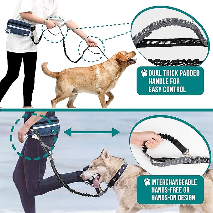 PetAmi Hands Free Dog Leash, Dog Running Leash Belt for Walking Jogging, Dog Waist Zipper Pouch Fanny Pack with Poop Bag Dispenser, Dual Padded Handle Bungee Leash for Small Medium Large Dogs, Single