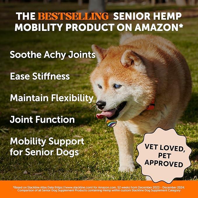 Senior Hemp Hip & Joint Supplement - Dog Joint Supplement with Hemp Oil, Glucosamine for Dogs, Collagen, MSM & Green Lipped Mussel - Mobility for Senior Dogs (Chicken 180ct)