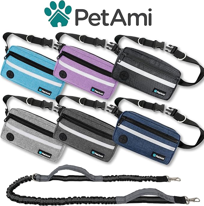 PetAmi Hands Free Dog Leash, Dog Running Leash Belt for Walking, Jogging, Dog Waist Zipper Pouch with Poop Bag Dispenser, Dual Padded Handles, Reflective Durable Bungee Leash, Single, Charcoal Grey