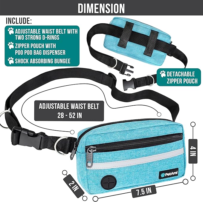 PetAmi Hands Free Dog Leash, Dog Running Leash Belt for Walking Jogging, Dog Waist Zipper Pouch Fanny Pack with Poop Bag Dispenser, Dual Padded Handle Bungee Leash for Small Medium Large Dogs, Double