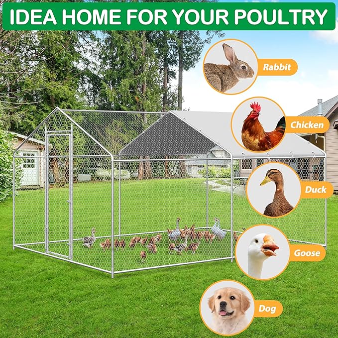 Large Metal Chicken Coop, Walk-in Chicken Run Pen with Waterproof Cover, Spire Roof Poultry Cage Run for Outdoors, Backyard, Farm(9.7'Wx12.99'Lx6.4'H)