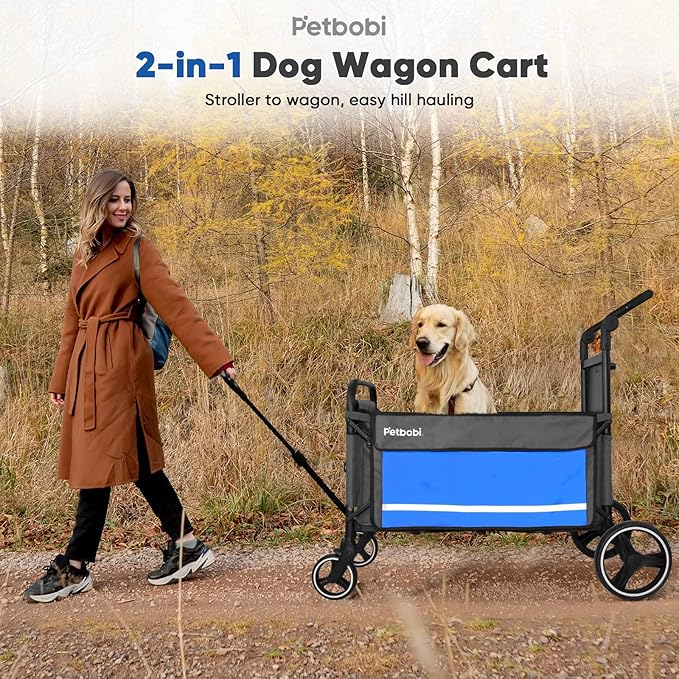 Petbobi Dog Wagon Stroller for Large & Medium Dogs - 2-in-1 Push-Pull Pet Stroller with Ramp, Foldable All Terrain Wagon Cart, One-Step Brake, Suitable for Outdoor Walks & Camping, Blue