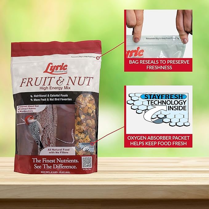 Lyric Fruit and Nut Wild Bird Seed - High Energy Wild Bird Food Mix - Attracts Woodpeckers, Chickadees & Other Songbirds - 10 lb. (pack of 2 - 5 lb bags)