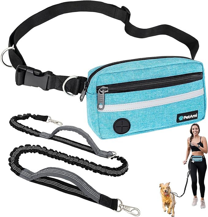 PetAmi Hands Free Dog Leash, Running Leash Belt for Walking, Jogging, Waist Zipper Pouch with Poop Bag Dispenser, Dual Padded Handles, Reflective Durable Bungee Single, Turquoise, 1