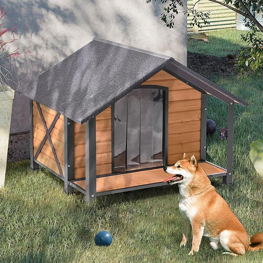 Outdoor Dog House,Weatherproof Wooden Dog Shelter for Medium to Large Sized Dogs,Iron Frame Indoor Outdoor Doghouse,Puppy Kennel,Pets Warm House in Winter with Large Porch