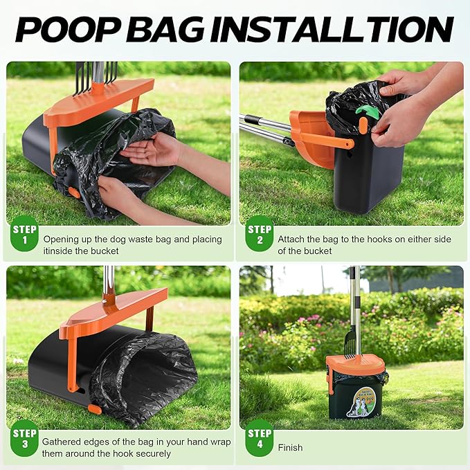 UPSKY Dog Pooper Scooper Swivel Bin & Rake Kit with 100 Waste Bags,33.4" Stainless Steel Long Handle Heavy Duty Pet Poop Shovel for Large Medium Small Dogs, Odor-Proof Lid for Yard/Lawn/Outdoor Use