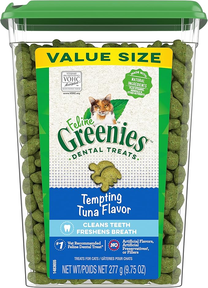 Greenies Feline Adult Dental Cat Treats, Tempting Tuna Flavor, 9.75 oz. Tub
