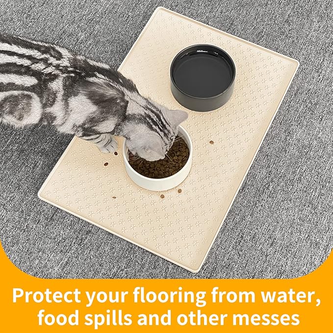 Ptlom Silicone Pet Placemat for Dog and Cat, Waterproof Non-Slip Pet Feeding Bowl Mats for Food and Water, Small Medium Large Tray Mat Prevent Residues from Spilling to Floor, Beige, 18" 12"
