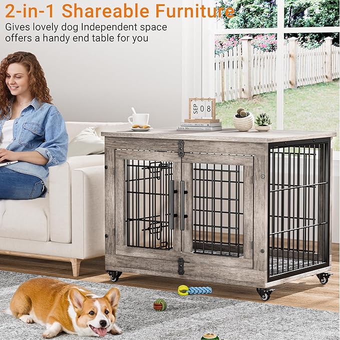 Lulive Dog Crate Furniture for Medium Dogs, 32'' Dog Kennel Indoor with Cushion & Wheels Wooden Dog Cage Double Doors Dog Crate End Table, Grey