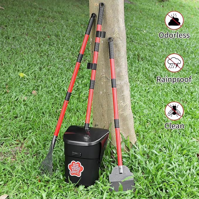 Pooper Scooper Swivel Bin & Rake & Spade with 60 Waste Bags, Heavy Duty Dog Poop Scooper for Large Medium Small Dogs, Long Stainless Steel Handle Use on Yard, Grass, Dirt or Gravel