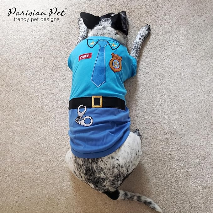 Parisian Pet Embroidered Dog Police Costume - 100% Cotton and Polyester Pet Clothes - Sleeved Cop Costume for Small Blue Dogs