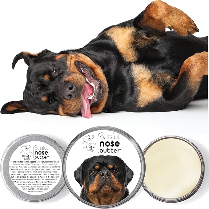 The Blissful Dog Rottweiler Nose Butter for Dry, Cracked Skin, Lick-Safe Dog Nose Balm with Moisturizing Shea Butter, Almond, Olive, and Essential Oils, Pet Supplies, Uncented, 4 oz.
