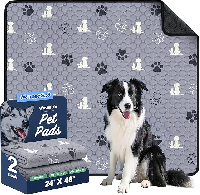 Washable Pee Pads, Puppy Pee Pad for Dogs, 2 Pack Absorbent Reusable Training Dog Pads Pet Puppy Pads, Non-Slip Potty Pads for Whelping, Playpen, Crate, Bed, Grey 24"x48"
