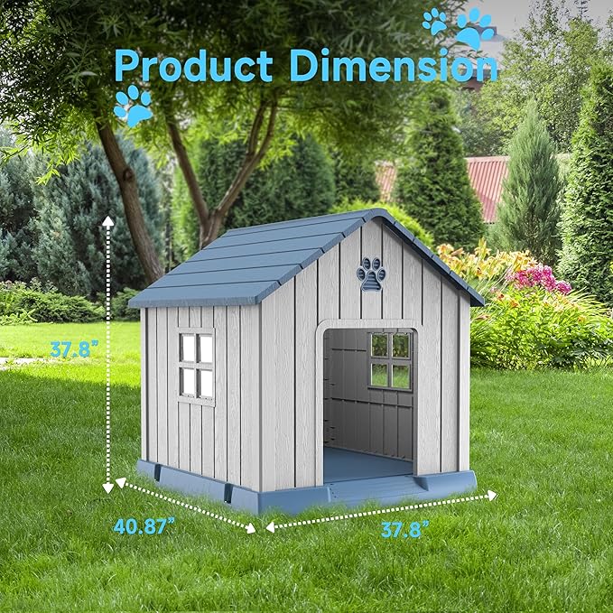 Vixzen 38in Large Outdoor Dog House,Durable Water Resistant Resin Dog House,Doghouse for Small to Large Dogs Indoor or Outside,with Air Vent and Elevated Floor,Blue