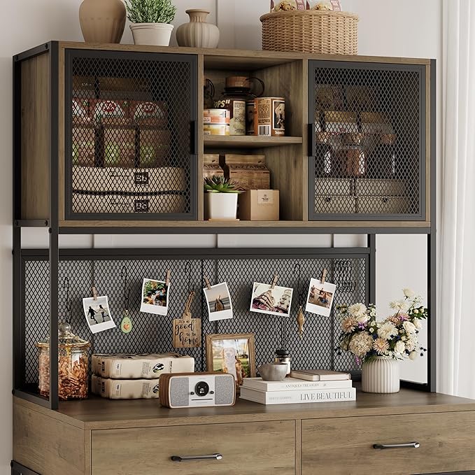 HITHOS 71" Tall Dog Crate Furniture, Indoor Dog Kennel with Hutch, 42" W Dog Cage for Large/Medium Dogs, Wood Dog Crates with 2 Storage Drawers, Heavy Duty Pet House, Rustic Brown