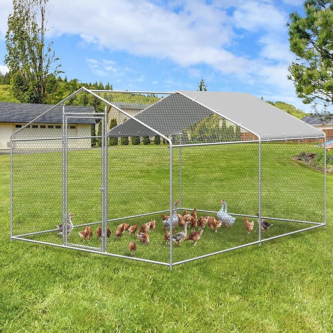 Large Metal Chicken Coop, Walk-in Chicken Run Pen with Waterproof Cover, Spire Roof Poultry Cage Run for Outdoors, Backyard, Farm(9.7'Wx12.99'Lx6.4'H)