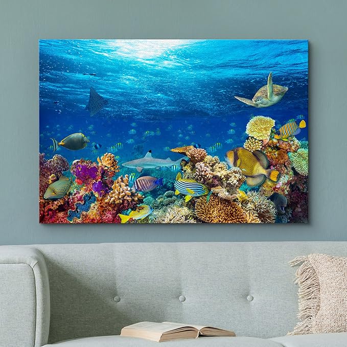 wall26 Canvas Print Wall Art Vibrant Sunshine Ray Coral Reef Turtle Fish Nature Animals Photography Realism Rustic Scenic Landscape Wilderness Colorful for Living Room, Bedroom, Office - 24"x36"