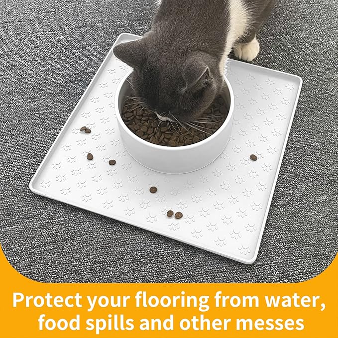 Ptlom Pet Placemat for Dog and Cat, Waterproof Silicone Pet Feeding Bowl Mats for Food and Water, Small Medium Large Dogs Mat Prevent Residues from Spilling to Floor, White, 11.8"x11.8"