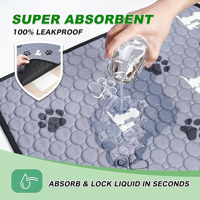 Washable Pee Pads for Dogs Mat, 2 Pack Absorbent Reusable Training Dog Pads Pet Puppy Pads, Non-Slip Potty Pads for Whelping, Playpen, Crate, Bed, Grey 34"x52"