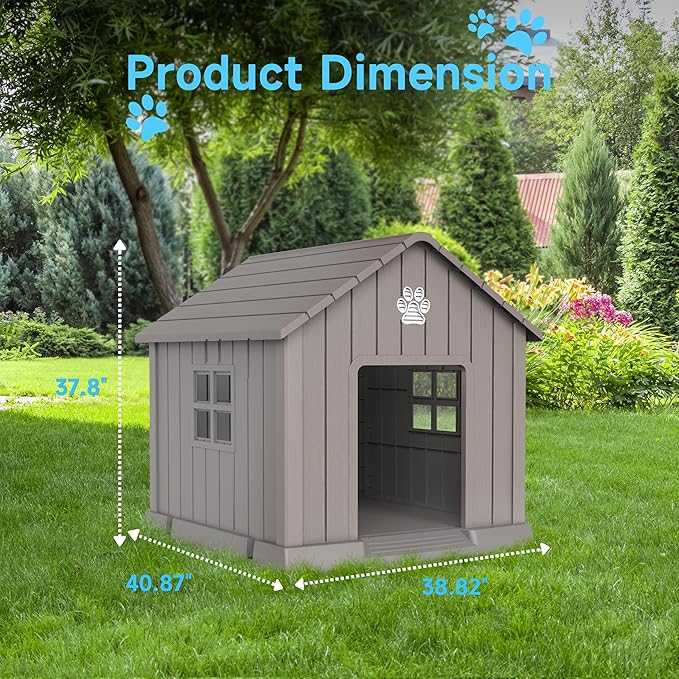 Vixzen 38in Large Outdoor Dog House,Durable Water Resistant Resin Dog House,Doghouse for Small to Large Dogs Indoor or Outside,with Air Vent and Elevated Floor,Gray