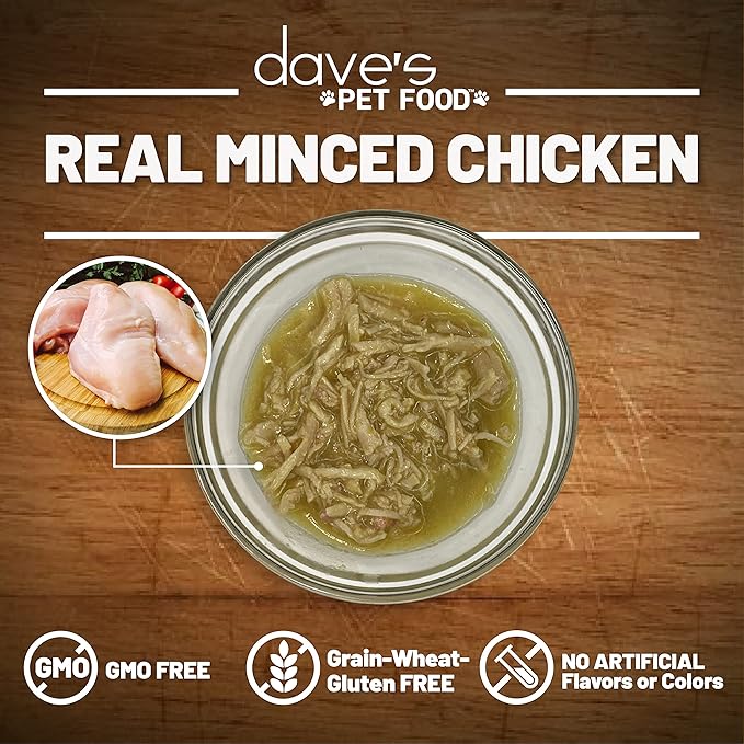 Dave's Pet Food Grain Free Wet Cat Food (Minced Chicken in Gravy), Naturally Healthy Canned, Added Vitamins & Minerals, Wheat, Gluten & GMO-Free, 2.8 oz (24 Pack)