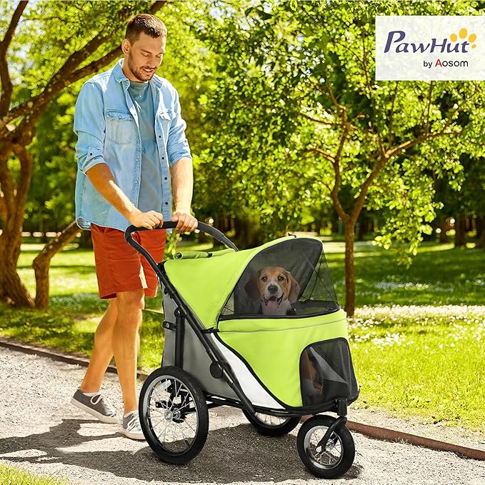 PawHut Dog Stroller, Pet Stroller 3 Wheels with Easy One-Hand Fold, Rubber Wheels, Storage Bag, Soft Cushion, Safety Leash, for Small & Medium Dogs, Yellowish Green