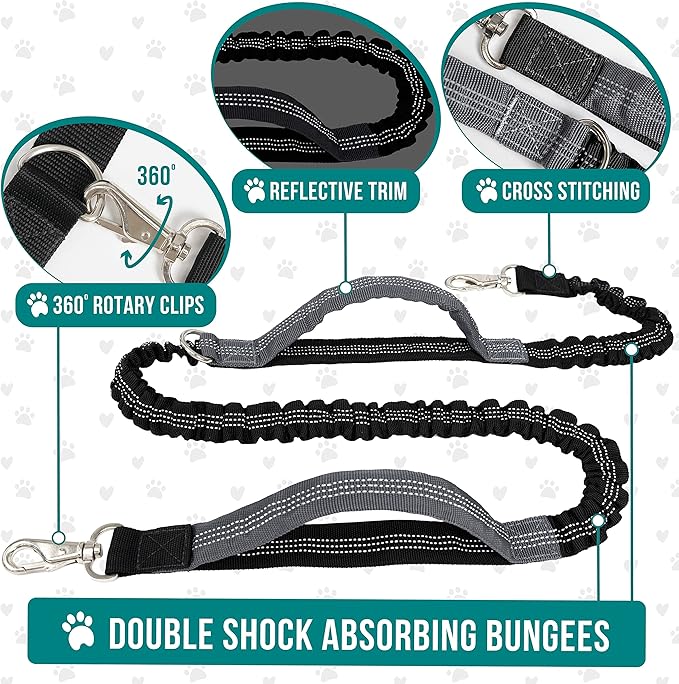 PetAmi Hands Free Dog Leash, Dog Running Leash Belt for Walking, Jogging, Dog Waist Zipper Pouch with Poop Bag Dispenser, Dual Padded Handles, Reflective Durable Bungee Leash, Single, Charcoal Grey