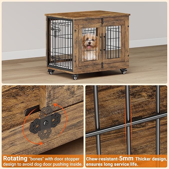 Lulive Small Dog Crate Furniture, Dog Kennel Indoor Double Doors Wooden Dog Cage, 27.1'' Heavy Duty Dog Crate with Cushion & Wheels, Decorative End Table Pet House Chew-Resistant for Small Dogs, Brown