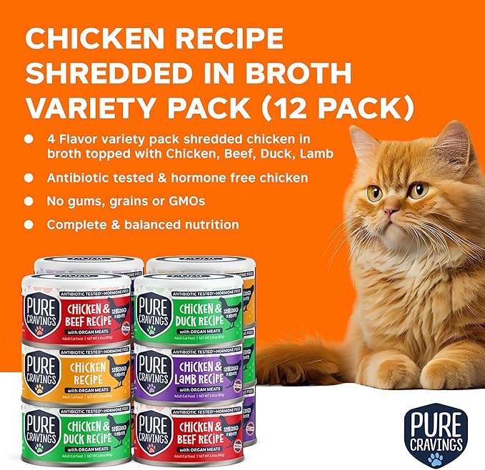 Chicken Recipe in Broth, Shredded Wet Cat Food, Variety Flavor Pack: Chicken, Lamb, Duck, Beef; Grain-Free Protein, Non-GMO