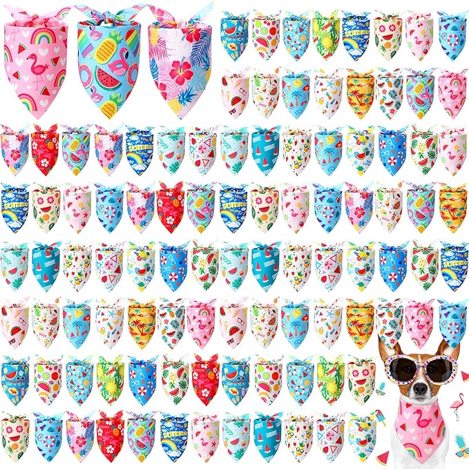 Preboun 100 Pieces Summer Bandanas for Dogs Bulk Hawaiian Dog Bandanas Fruit Kerchief Set for Summer Puppy Small Medium Large Pets Costume Accessories