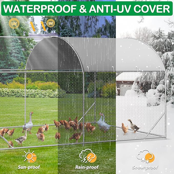 Large Metal Chicken Coop, Walk-in Chicken Run Pen with Waterproof Cover, Dome Roof Poultry Cage for Outdoor, Backyard, Farm (8.96'Wx12.99'Lx6.4'H)