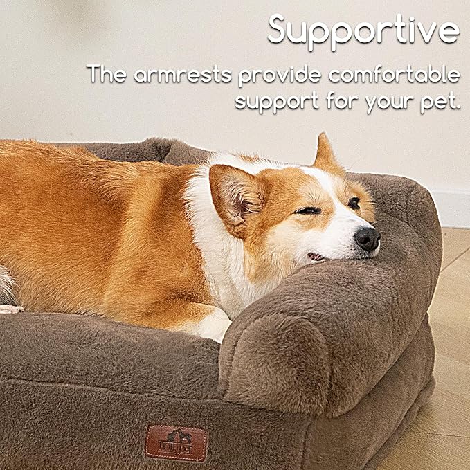 Hollypet Fluffy Plush Dog Cat Pet Couch Soft Calming Sofa Bed for Medium Small Cats and Dogs, Gray, 28"x21"x10"