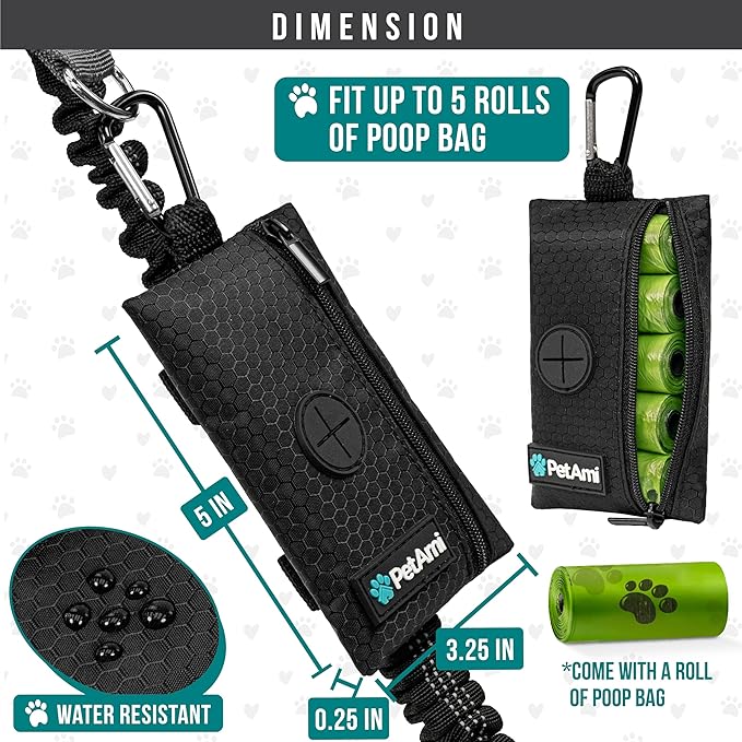 PetAmi Dog Poop Bag Holder for Leash, Dog Poop Bag Dispenser with Clip, Dog Waste Bag Holder for Pet, Dog Treat Pouch, Doggy Walking Camping Accessories with Trash Bag Roll, Black 1 Pack