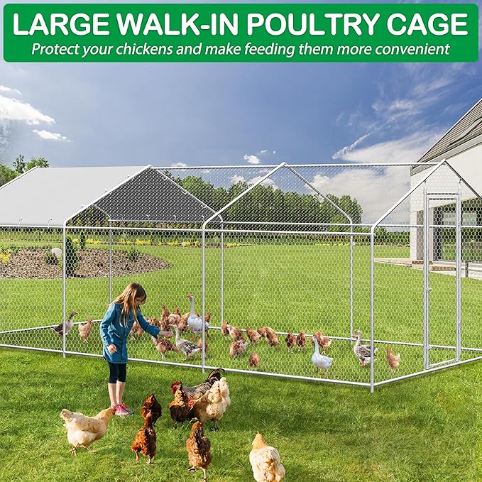 Large Metal Chicken Coop, Walk-in Chicken Run Pen with Waterproof Cover, Spire Roof Poultry Cage for Outdoor, Backyard, Farm