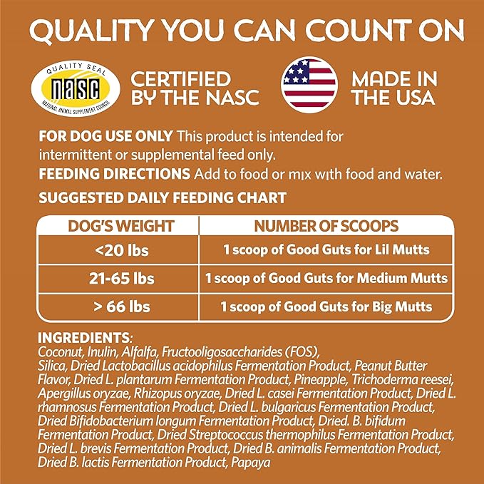 Fidobiotics Good Guts for Lil Mutts Probiotic for Dogs, Billions of CFUs, 11 Strains, 5 Digestive Enzymes, 2 Prebiotics, Digestive Gut Health for Dogs, Adult & Puppy Probiotics Supplements (30 Days)