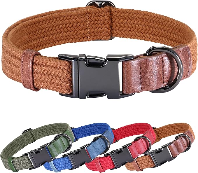 PET ARTIST Soft Cotton Dog Collar for Medium Dogs in Rustic Brown, Simple Dog Collar with Quick Release Metal Buckle & D Ring, M Size (13-21")