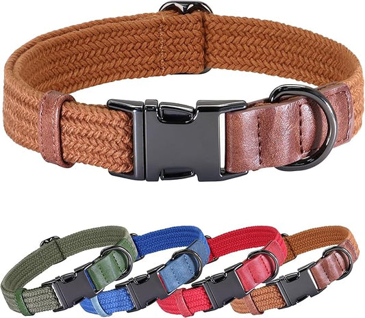 PET ARTIST Soft Cotton Dog Collars for Small Dogs in Rustic Brown, Simple Dog Collar with Quick Release Metal Buckle & D Ring, S Size (10-16")