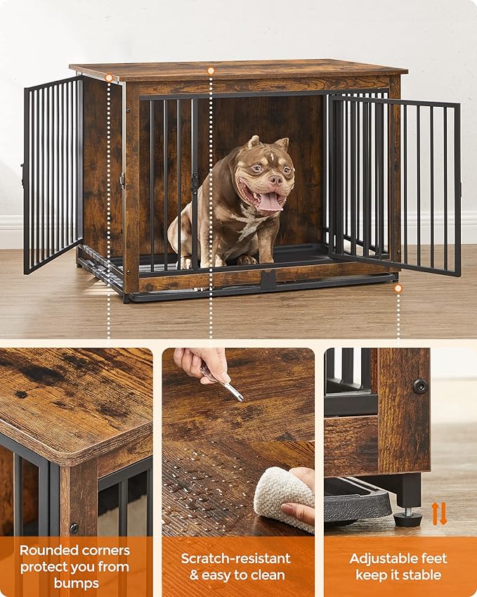 Feandrea Dog Crate Furniture, 38 Inches Dog Kennel for Dogs up to 70 lb, with Removable Tray, Heavy-Duty Dog Cage End Table, Double Doors Dog House, Rustic Brown UPFC013X01