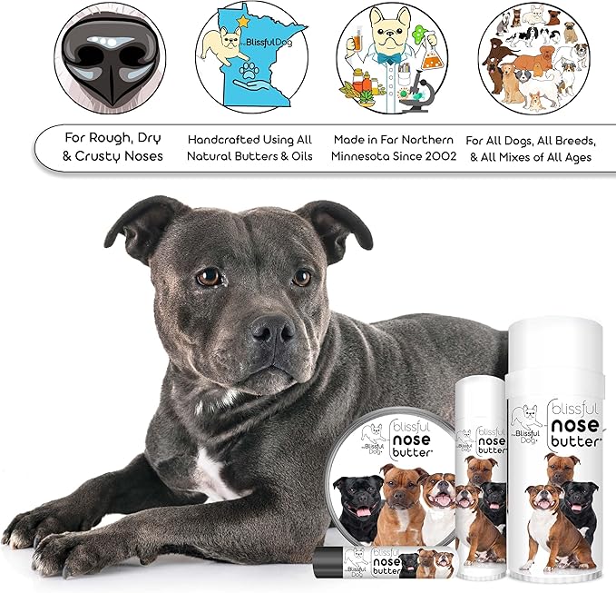 The Blissful Dog Staffordshire Pitbull Terrier Nose Butter, Versatile Dog Nose Balm for Dry Nose, Handcrafted Nose Moisturizer, Easy-to-Apply Dog Essentials, Unscented, 2 oz.