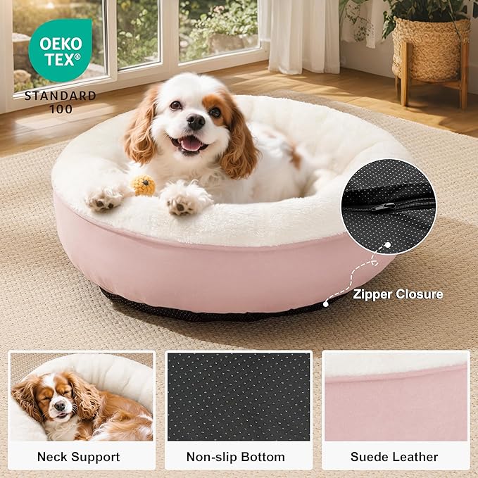 Love's cabin Round Donut Cat and Dog Cushion Bed, 25in Pet Bed for Small or Medium Dogs, Anti-Slip & Water-Resistant Bottom, Soft Durable Fabric Pet Beds, Washable Calming Cat & Dog Bed Pink